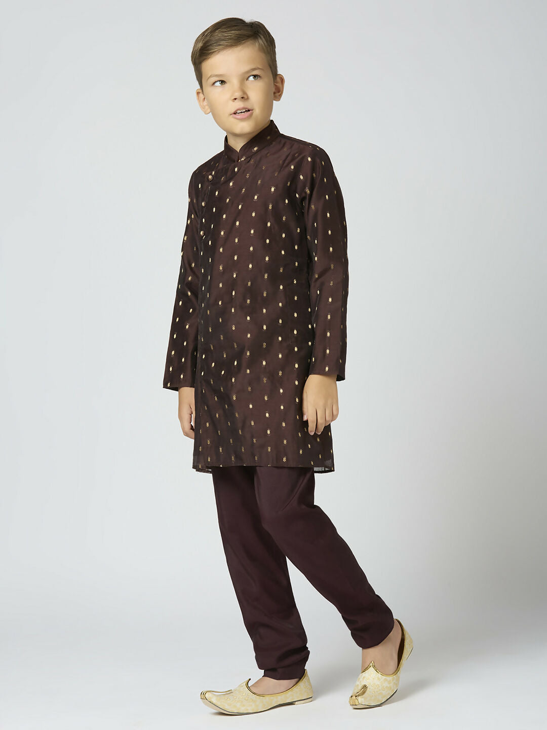 Joban Fashion Kids Island Full Sleeves Chanderi Kurta, Pyjama Set with Traditional Butta Work - Brown