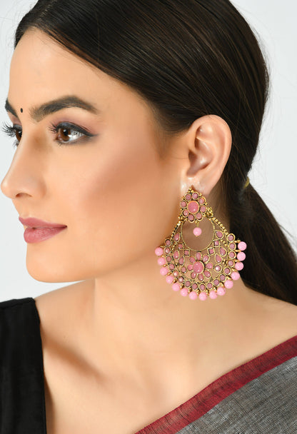 Mominos Fashion Johar Kamal Golden And Pink Beaded Earrings