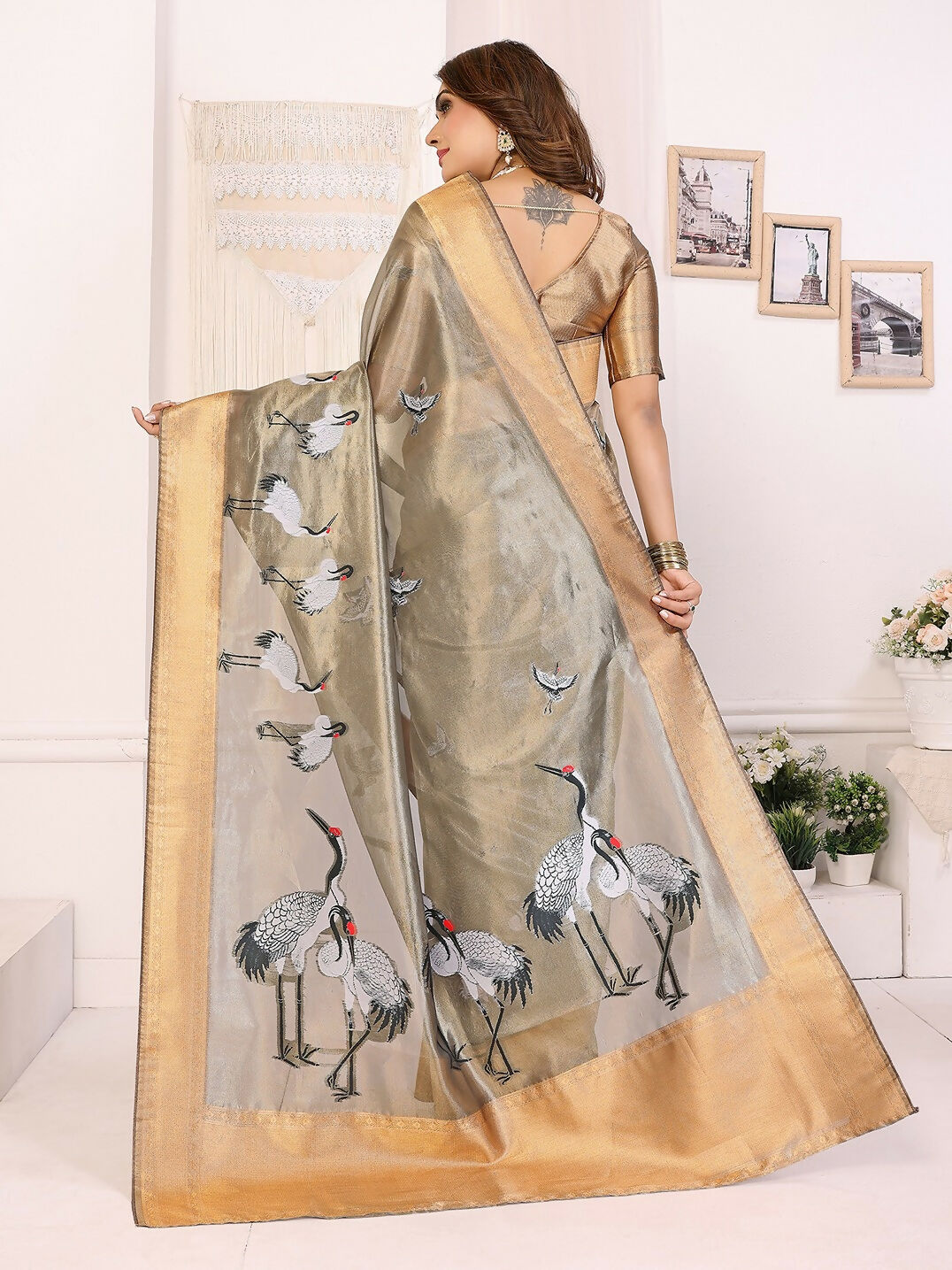 Joban Fashion Golden Cranes Patterns Banarasi Silk Sarees