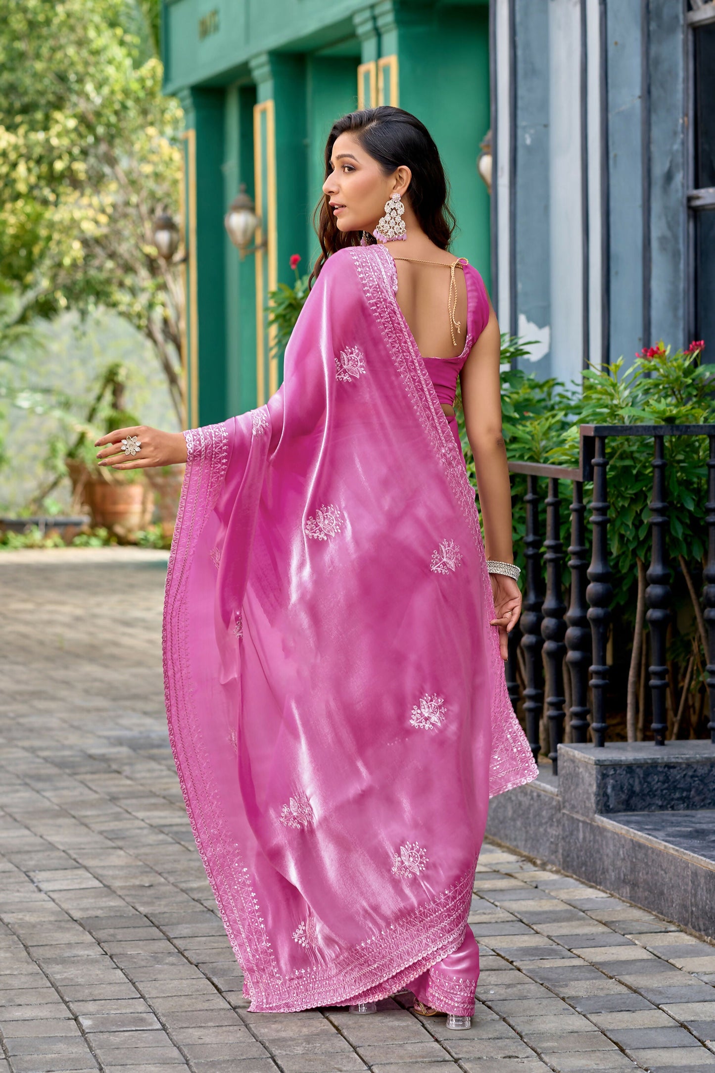 Vastranavya Baby Pink Embroidery Work Shimmer Chiffon Saree with Unstitched Blouse