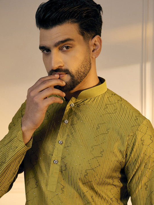 Anouk Mustard Geometric Embroidered Mandarin Collar Pure Cotton Straight Kurta