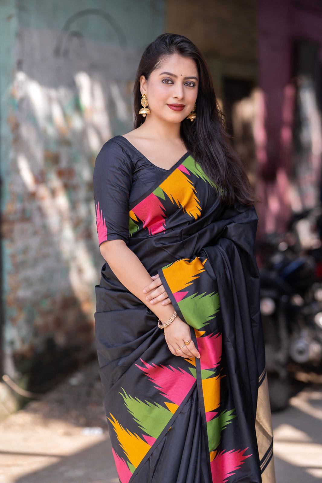 Black Polycotton Woven Design Saree with Unstitched Blouse - A2M