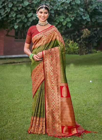 Anaita Mehendi Banarasi Saree With Blouse Piece