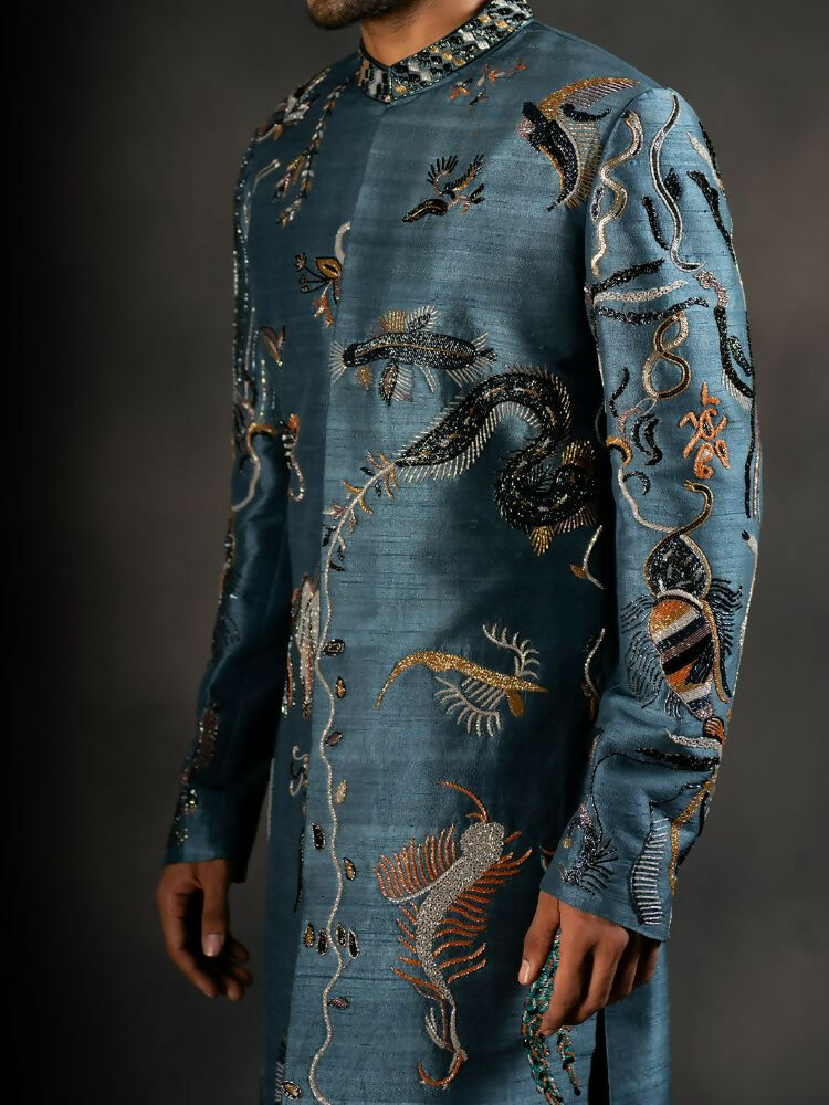 Deep Blue Hand Embroidered Indowestern Sherwani by Hilo Design