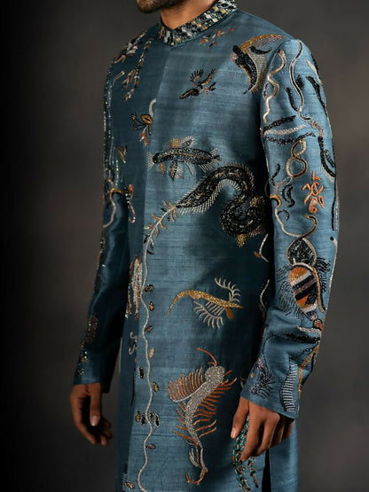 Deep Blue Hand Embroidered Indowestern Sherwani by Hilo Design