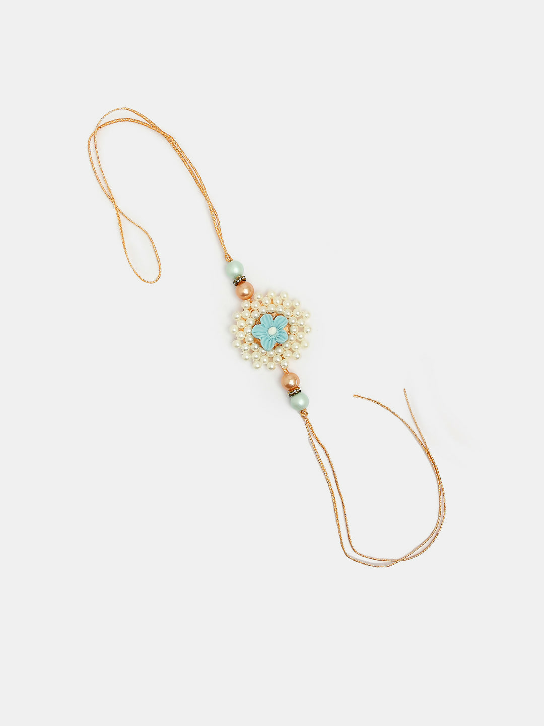 NVR Women & Men Set of 2 Peach Floral Design Pearl Beaded Bhaiya Bhabi Rakhi With Roli Chawal & Chocolate