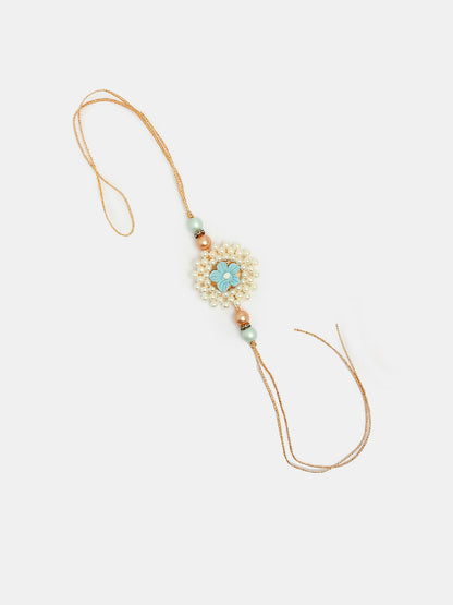 NVR Women & Men Set of 2 Peach Floral Design Pearl Beaded Bhaiya Bhabi Rakhi With Roli Chawal & Chocolate