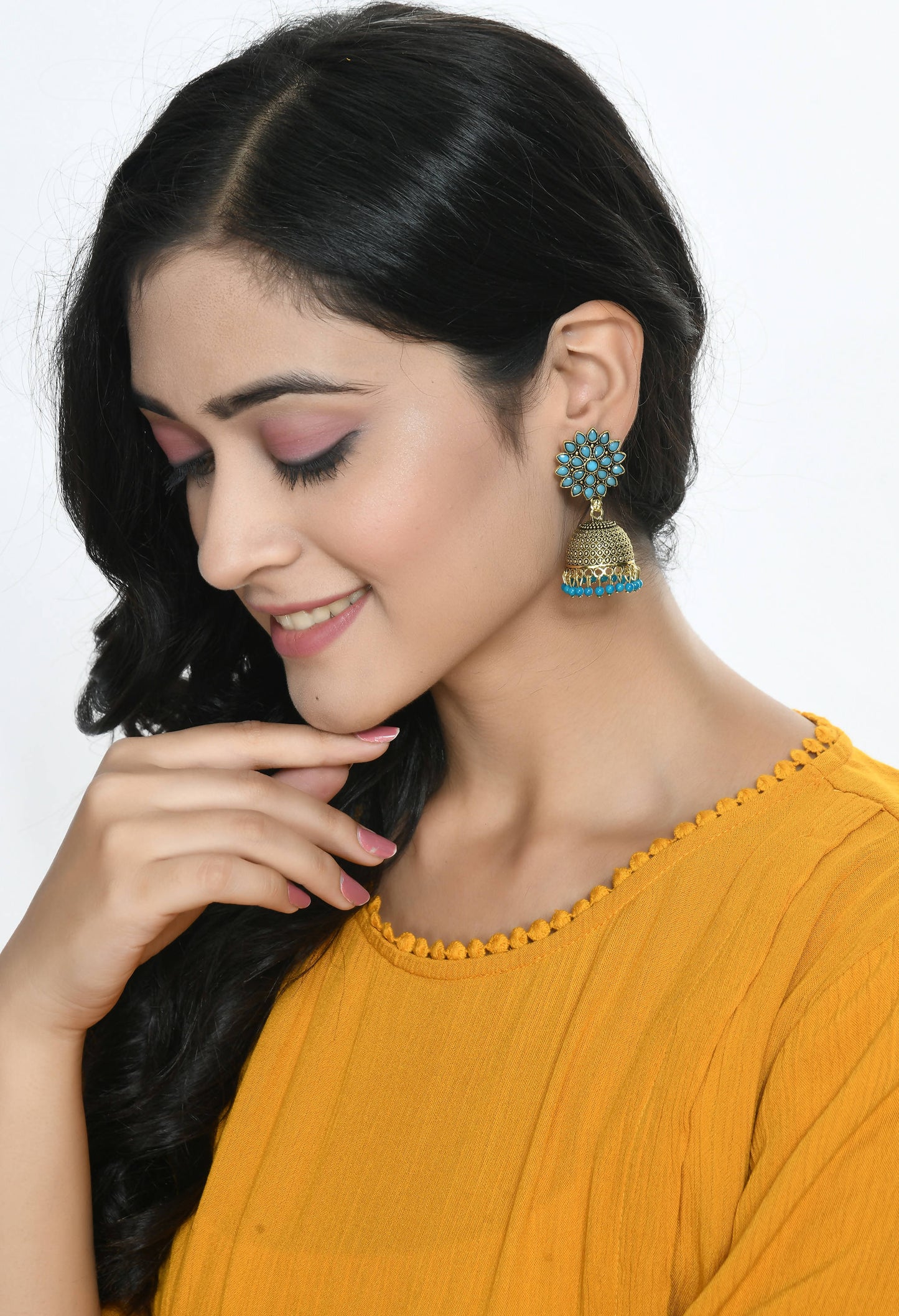 Mominos Fashion Johar Kamal Beautiful Kundan Work Jhumka With Sky Blue Beads
