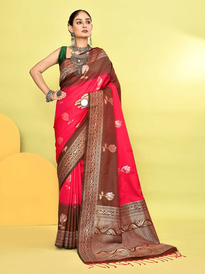 Joban Fashion Rani Pink & Bottle Green Plain With Weaving Border Banarasi Silk Sarees