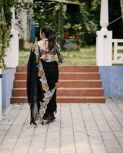 Vastranavya Satin Chiffon Silk Beautiful Designer Zari Thread Embroidery work of Leaf Design with Cutwork Border Saree with Blouse Material - Black