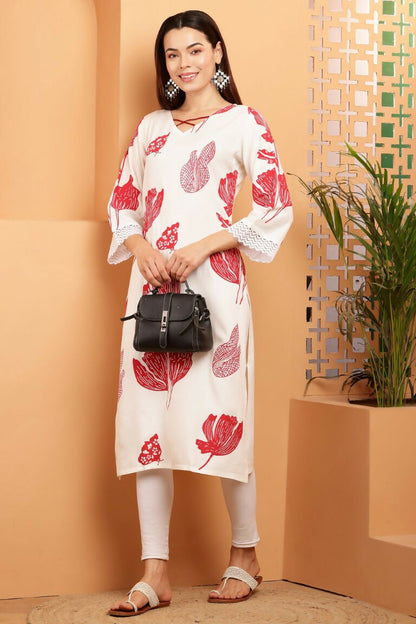 Cheera Women Stylish Hand Block Printed Cotton Blend Flared Kurta - Off White