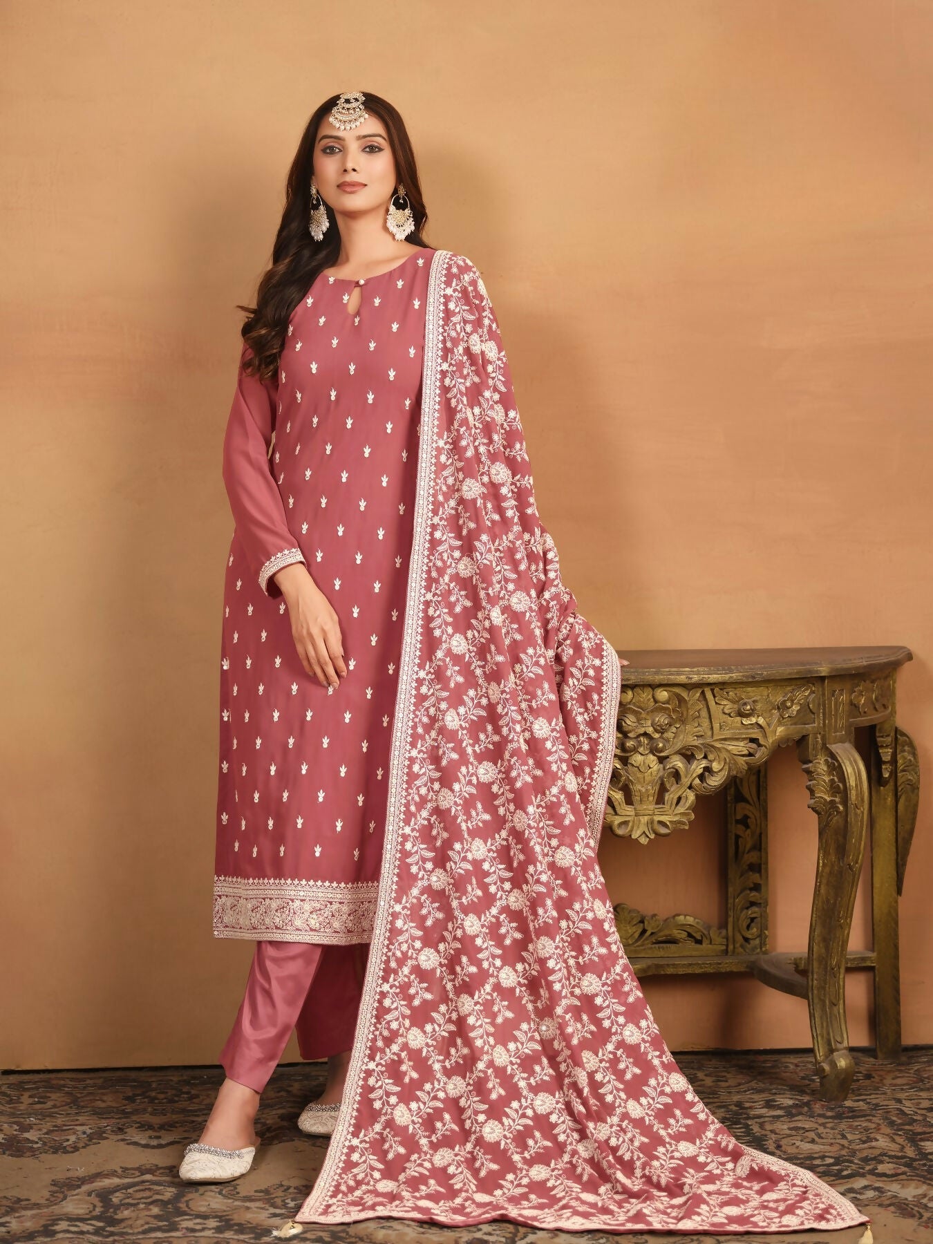 Anaita Brown Embroidered Faux Georgette Salwar Suit