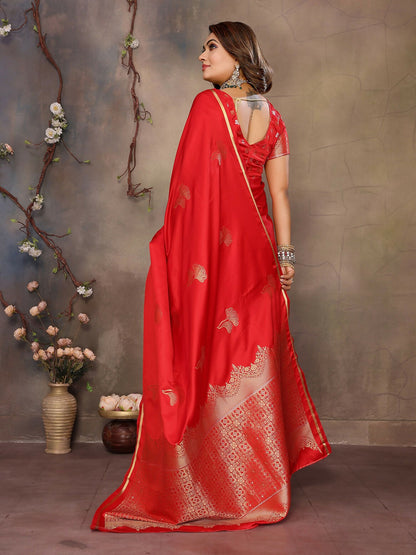 Joban Fashion Red Floral Motifs Banarasi Silk Sarees