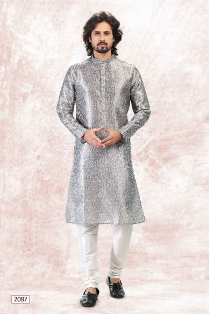 Raivat Ethnic Jacquard Banarasi Silk Digital Print Kurta Pajama In Grey Colour