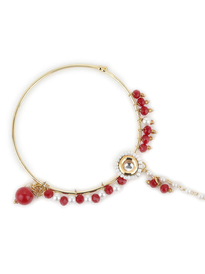 White Red Gold-Polished Kundan-Studded Beaded Nosepin - Ruby Raang