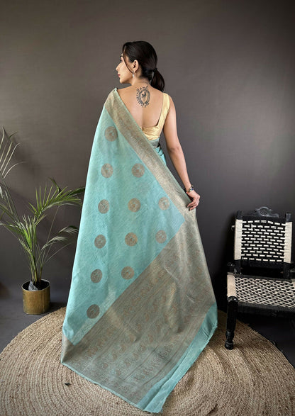 Joban Fashion Sky Blue Floral & Paisley Linen Silk Banarasi Saree