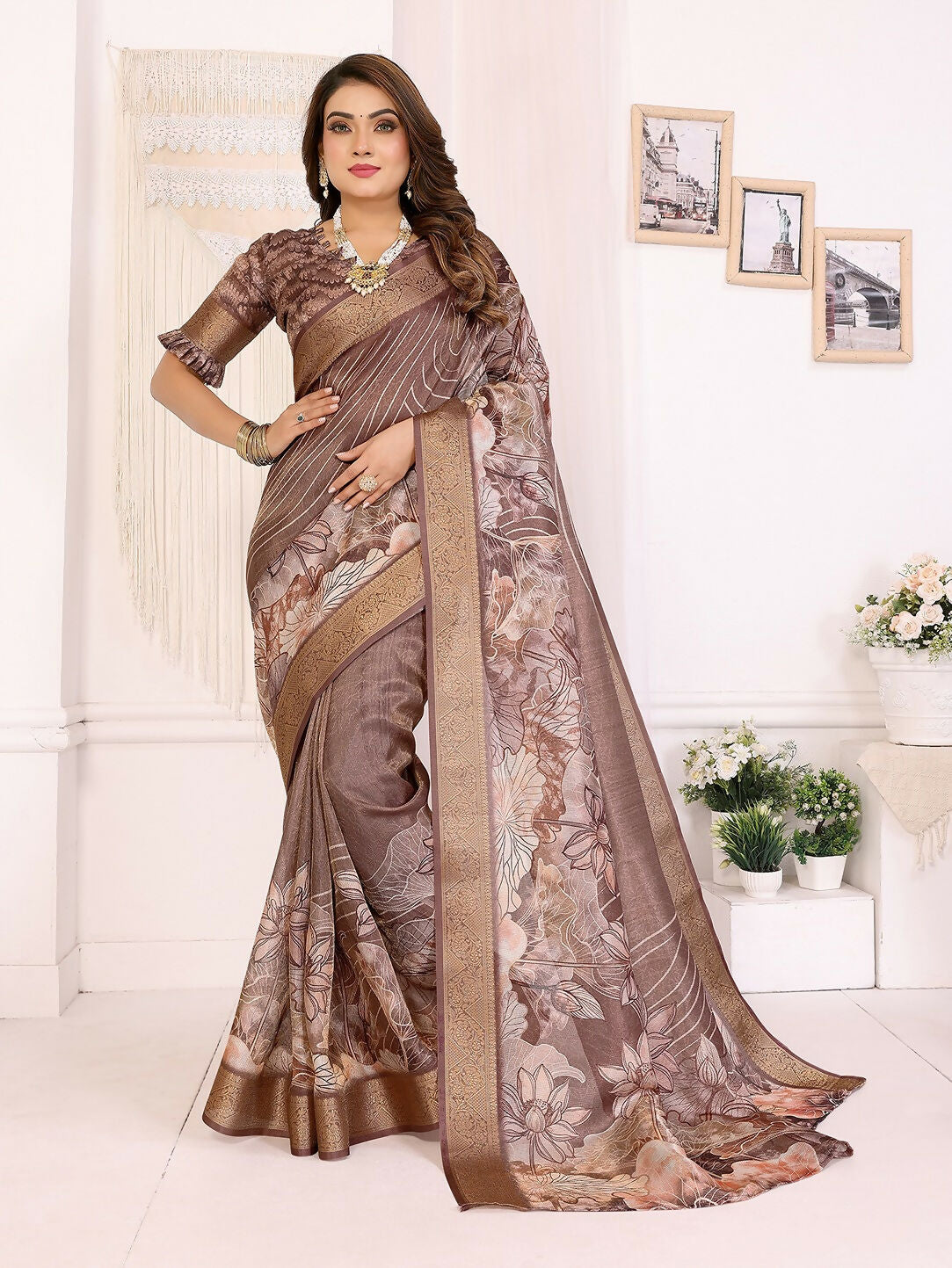 Joban Fashion Brown Floral Print pattern Banarasi Silk Sarees