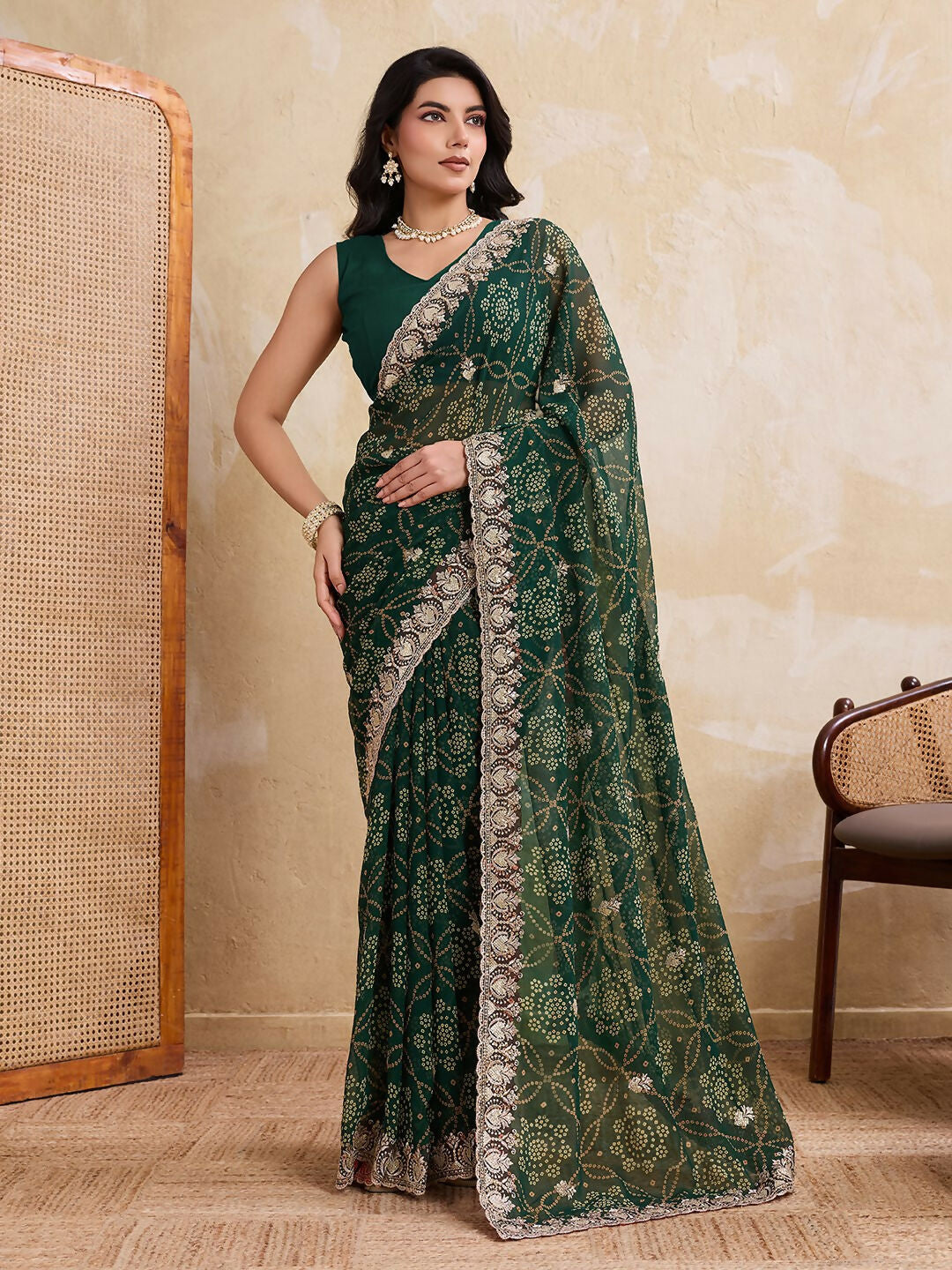 Teeya Creation New Trendy Leheriya Bandhani Georgette Saree For Daily Wear -Green