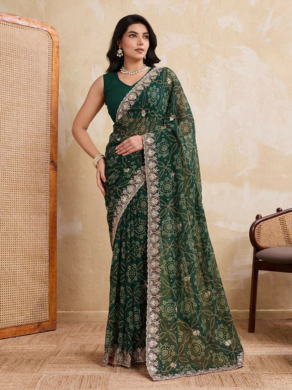 Teeya Creation New Trendy Leheriya Bandhani Georgette Saree For Daily Wear -Green