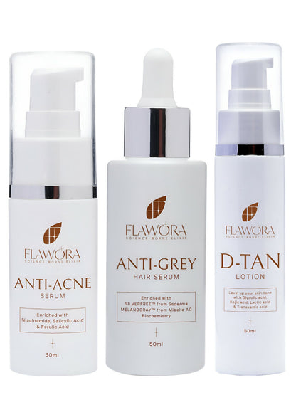 Flawora Set of Anti-Grey Hair Serum, Anti Acne Serum and D-Tan Lotion
