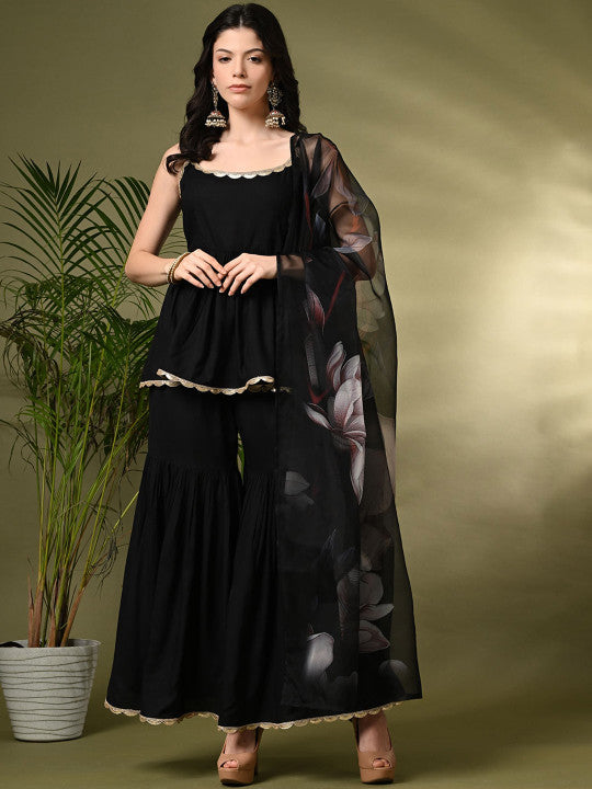 Sangria A-Line Kurti With Sharara & Dupatta