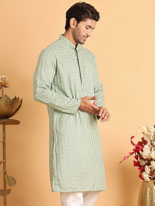 Anouk Men Geometric Embroidered Chikankari Kurta Green