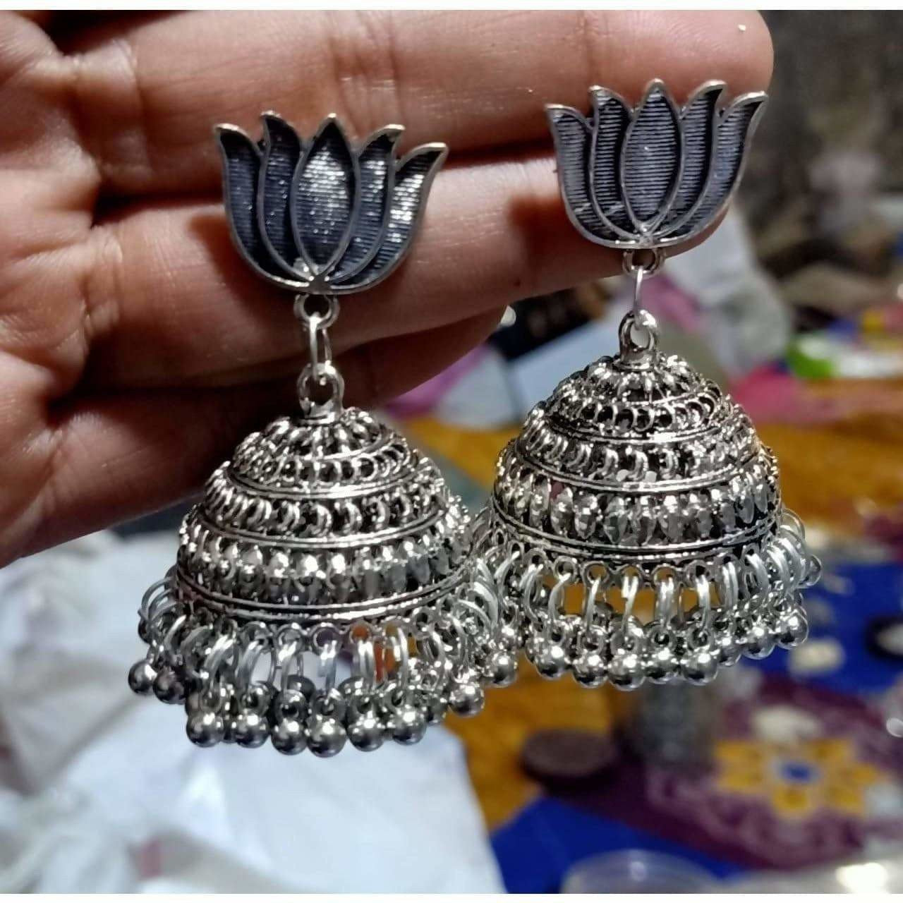 MS Fashion India Lotus Design Traditional Tribal Oxidized Silver Jhumka Earrings