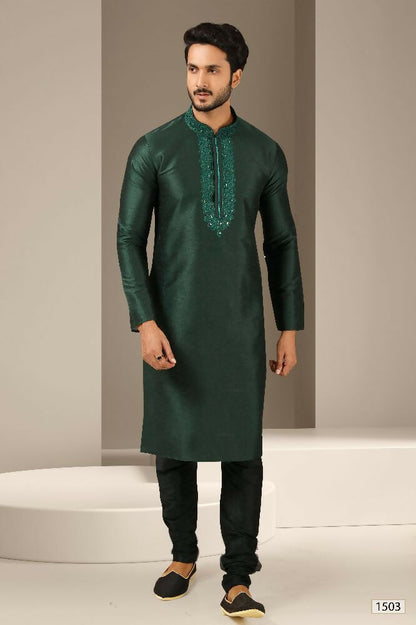 Raivat Ethnic Banarasi Art Silk Mirror Work Kurta Pajama In Dark Green Colour