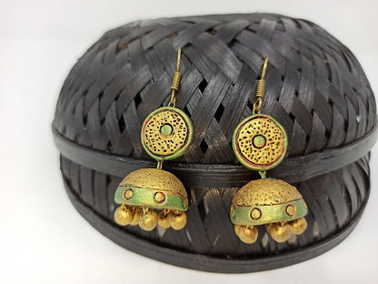 Terracotta Hanging Stud Jhumkas-Pearl Green And Gold