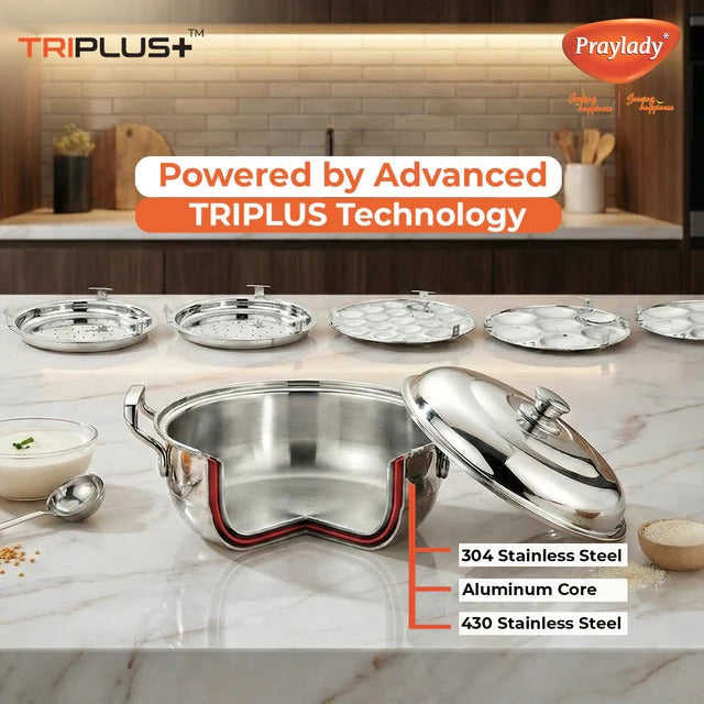 PrayLady Triplus Pro Mini Multi Kadai 21cm Idli Pot Dhokla Momo Steamer 10 Idlis 2 Idli Plates 1 Dhokla Plate 1 Steamer Plate