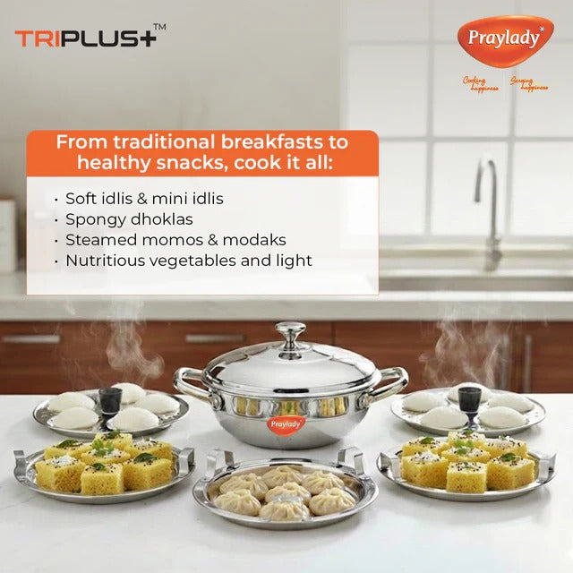 PrayLady Triplus Pro Mini Multi Kadai 21cm Idli Pot Dhokla Momo Steamer 10 Idlis 2 Idli Plates 1 Dhokla Plate 1 Steamer Plate