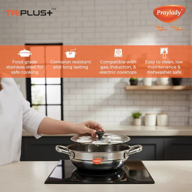 PrayLady Triplus Pro Mini Multi Kadai 21cm Idli Pot Dhokla Momo Steamer 10 Idlis 2 Idli Plates 1 Dhokla Plate 1 Steamer Plate