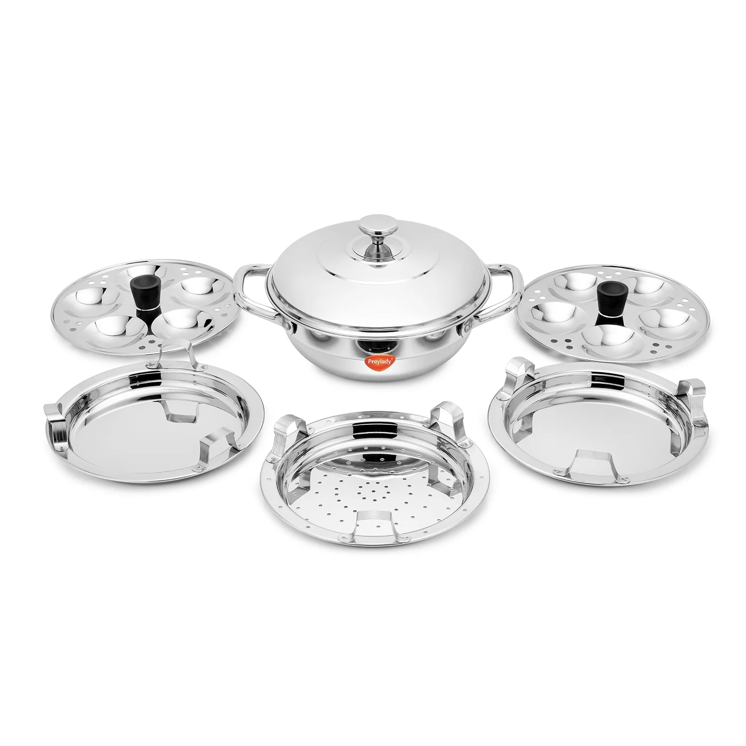 PrayLady Triplus Pro Mini Multi Kadai 21cm Idli Pot Dhokla Momo Steamer 10 Idlis 2 Idli Plates 1 Dhokla Plate 1 Steamer Plate