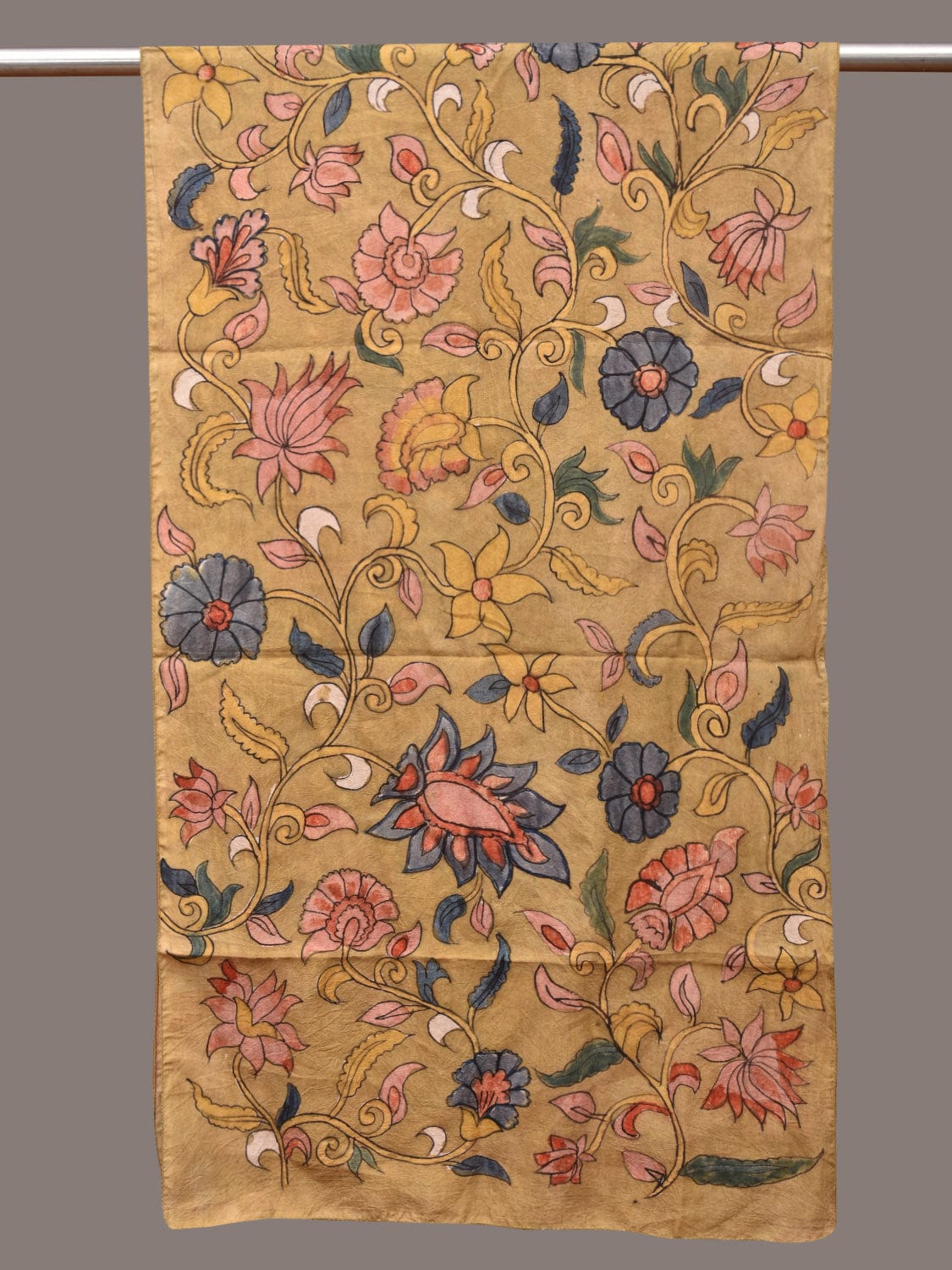 Mustard Kalamkari Hand Painted Sico Stole with Floral and Birds Design - Global Threads