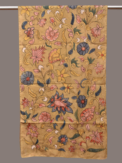 Mustard Kalamkari Hand Painted Sico Stole with Floral and Birds Design - Global Threads