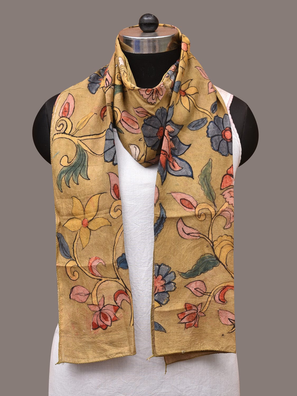 Mustard Kalamkari Hand Painted Sico Stole with Floral and Birds Design - Global Threads