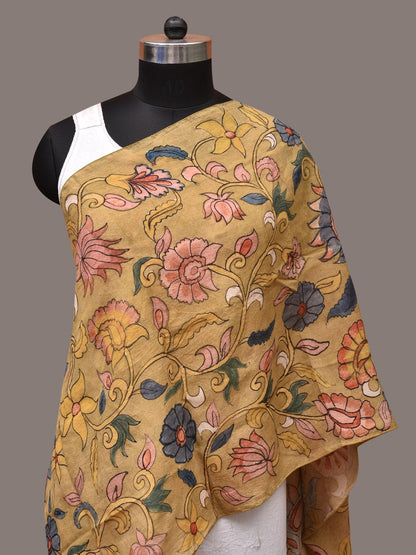 Mustard Kalamkari Hand Painted Sico Stole with Floral and Birds Design - Global Threads