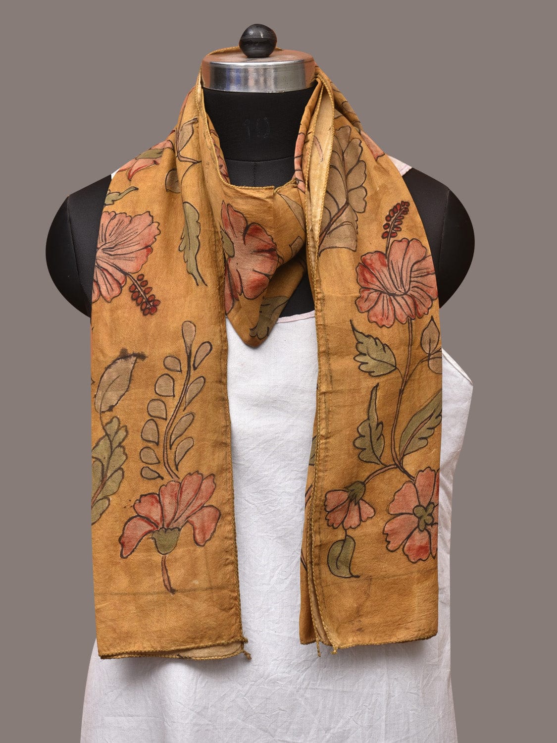 Mustard Kalamkari Hand Painted Sico Stole with Floral Design - Global Threads