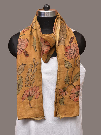 Mustard Kalamkari Hand Painted Sico Stole with Floral Design - Global Threads