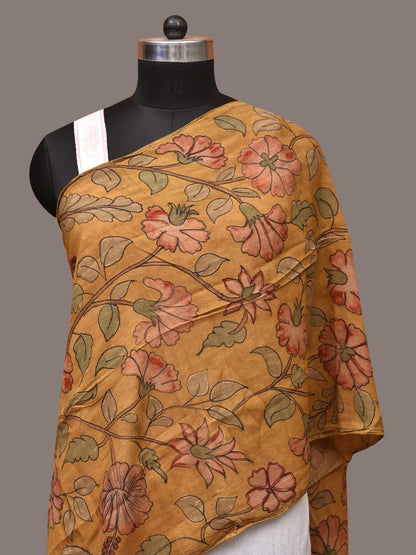 Mustard Kalamkari Hand Painted Sico Stole with Floral Design - Global Threads