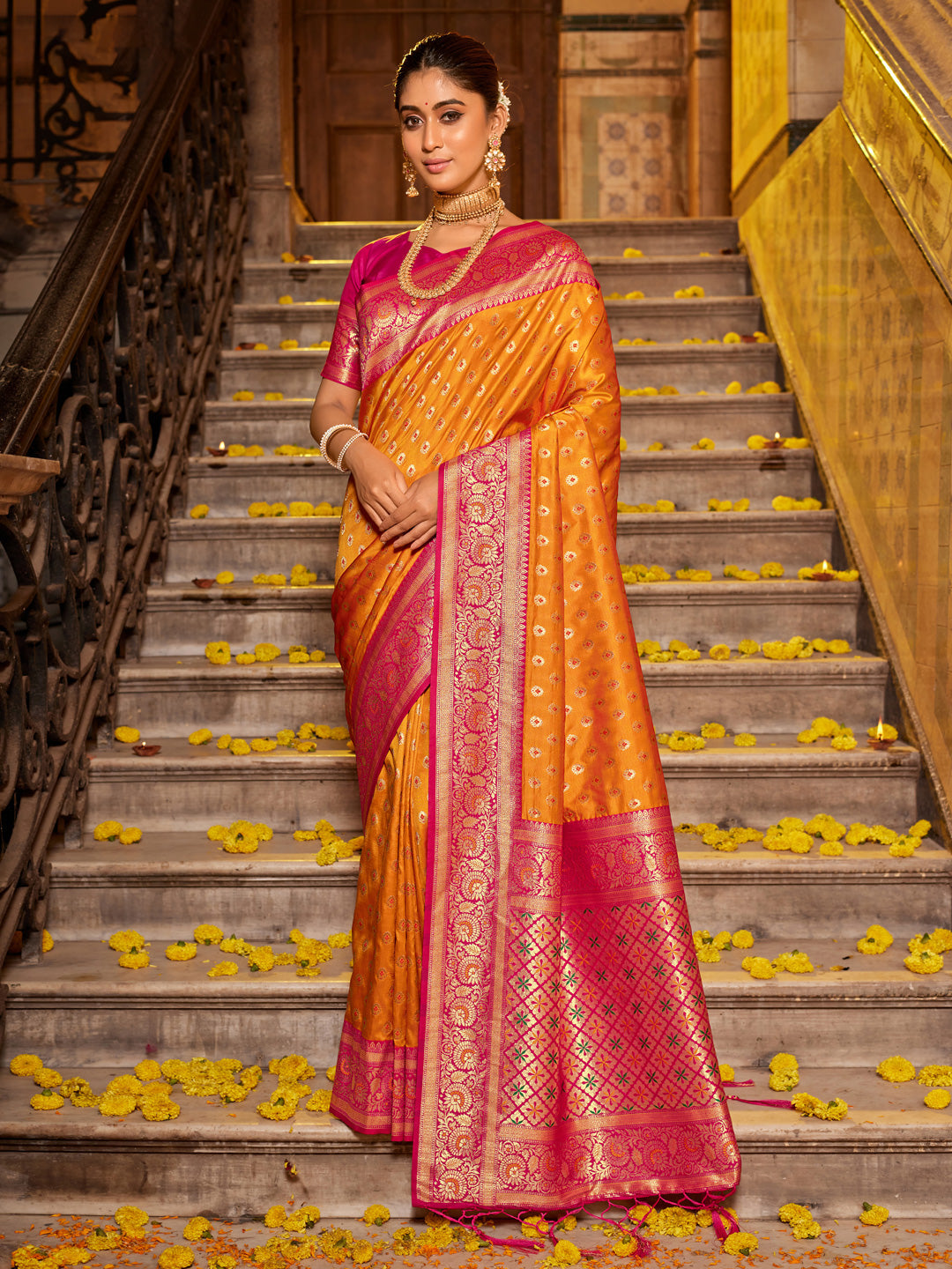 Anaita Mustard Banarasi Saree With Blouse Piece