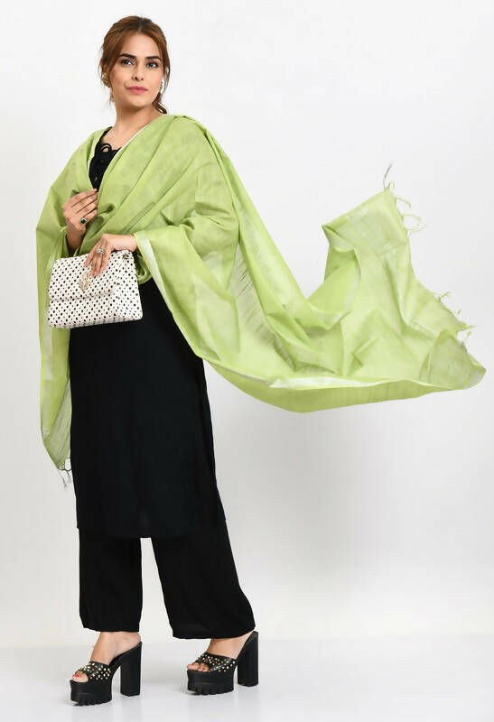 Mominos Fashion Moeza Women's Linen Cotton Silver Border Parrot Green Dupatta