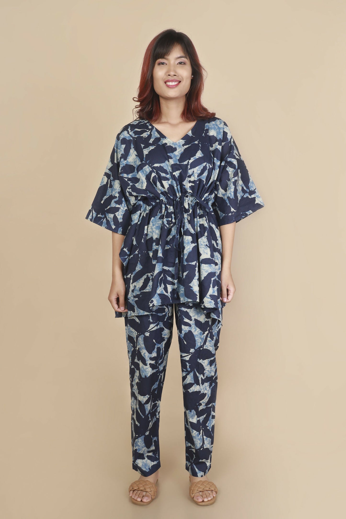 Breathables Women’S Loungewear Kaftan Cotton Blue Floral Print Co-Ord Set