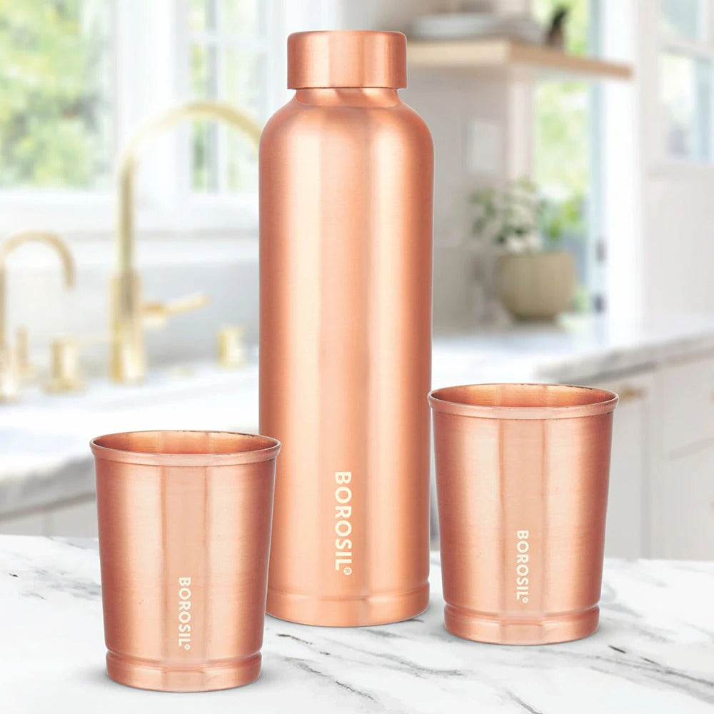 Borosil Copper Bottle with Copper Glass Set of 2