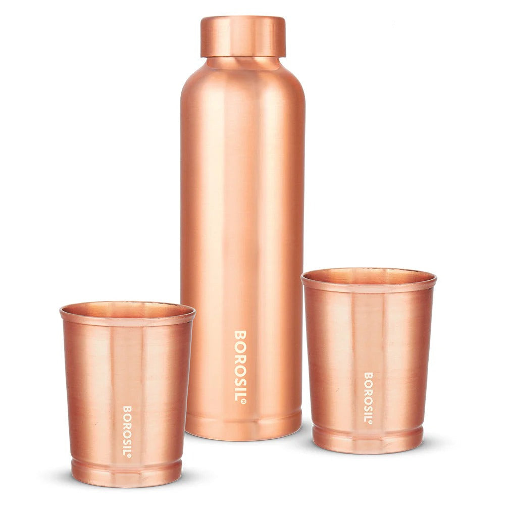 Borosil Copper Bottle with Copper Glass Set of 2