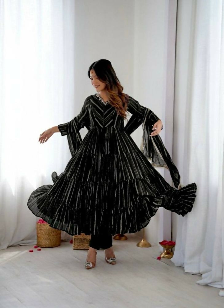 Teeya Creation Black Color Mal Chanderi Silk Hand Embroidery Work Long Gown