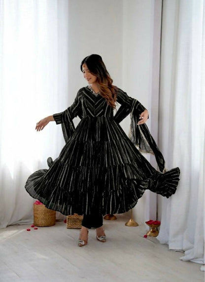 Teeya Creation Black Color Mal Chanderi Silk Hand Embroidery Work Long Gown