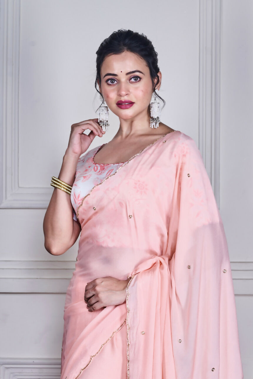 Morchari Peach Chiffon Hand Embroidery Saree And Stitched Blouse