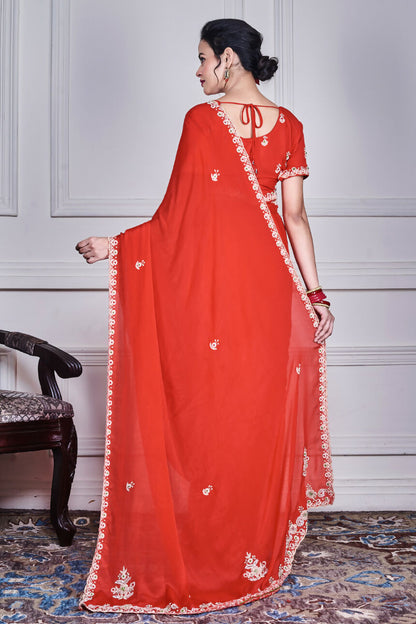 Morchari Red Chiffon Hand Embroidery Saree And Stitched Blouse