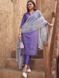 Tikhi Imli Lavender Floral Embroidered Thread Work Kurta With Trousers & Dupatta